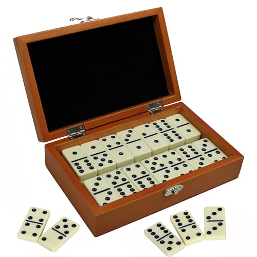 Hathaway Premium Dominos Set for Adults & Kids - with Wooden Carry Case, 28 Double-Six Ivory Dominoes with Black Pips, Felt-Lined Walnut Case & Brushed Nickel Latch – Classic Tabletop Family Games - Image 1