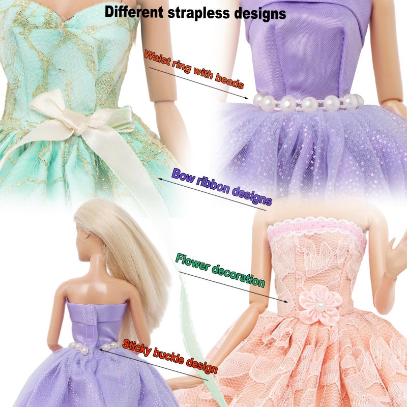 BJDBUS 17 Pcs Wedding Clothes and Accessories for 11.5 inch Doll Set, 3 Pcs Fashion Party Gown Dresses 14 pcs Shoes, Crowns, Necklaces, Handbag, Fairy Wands Accessories for Girl Doll Stuff - Image 3