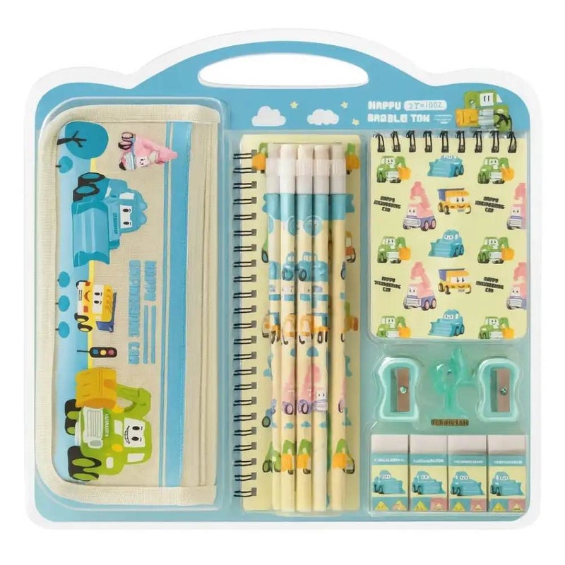 Happy Engineering Cartoon Car Designed Stationery Box Kit with Pouch- 15pcs