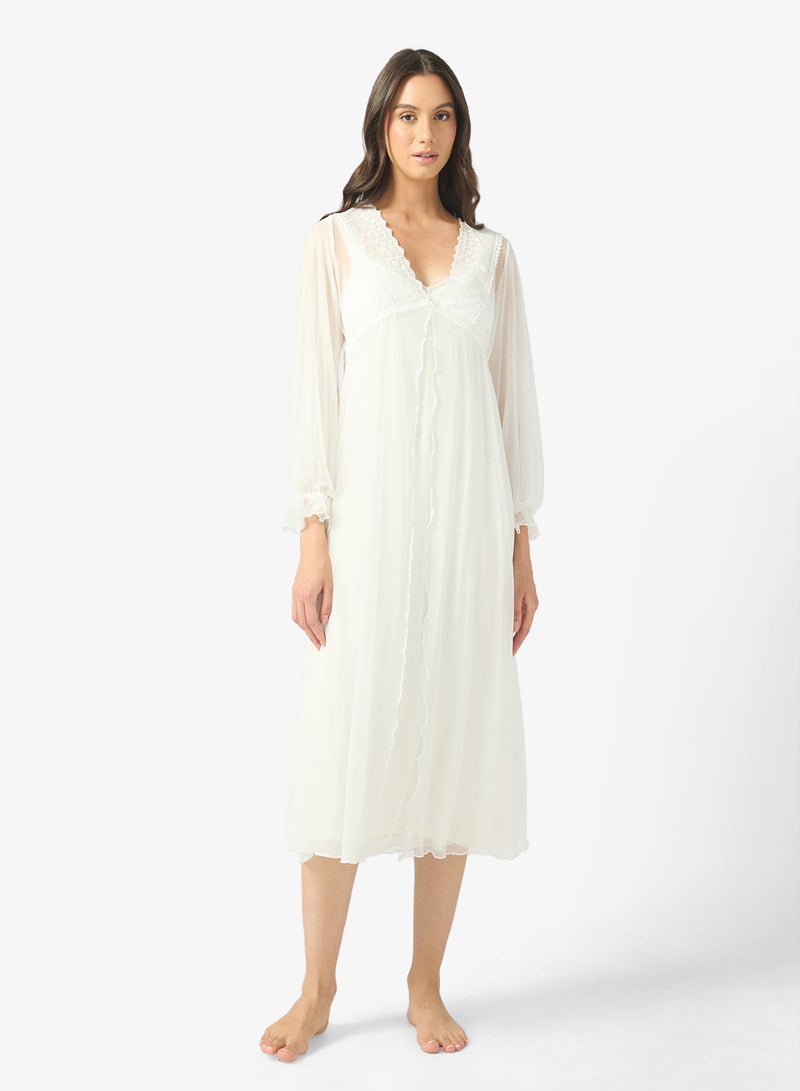 خزانة فستان نوم حريري مع روب بأكمام منفوخة شفافة - Image 1