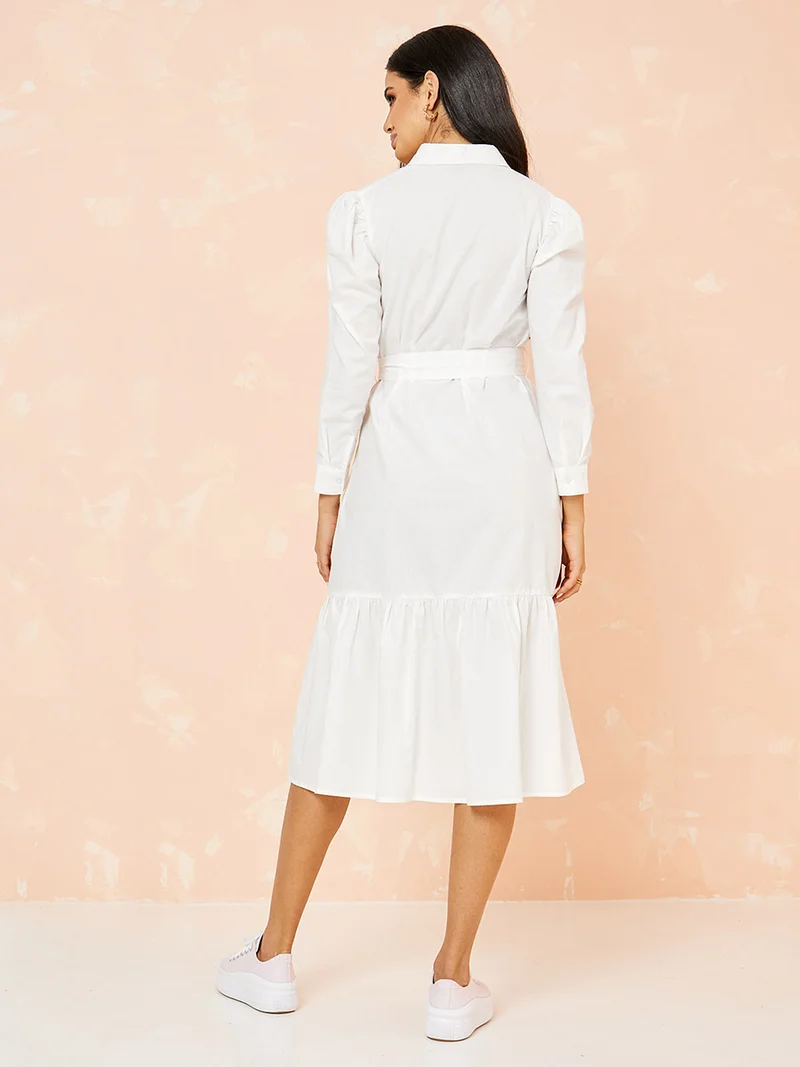 Styli Long Sleeves Concealed Placket Shirt Midi Dress with Tie Belt