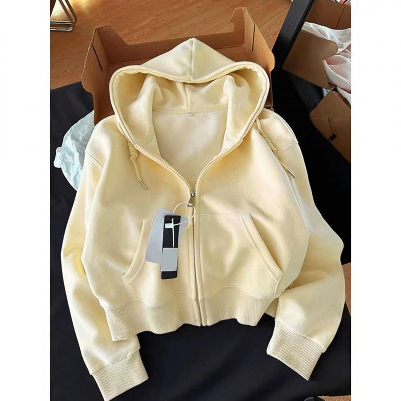 Shown White Milk Milk Gas Korean Wear Short Sweatshirt Coat Womens Hooded Sweatshirt Thin Zipper Cardigan Outer Wear milk yellow spring and autumn