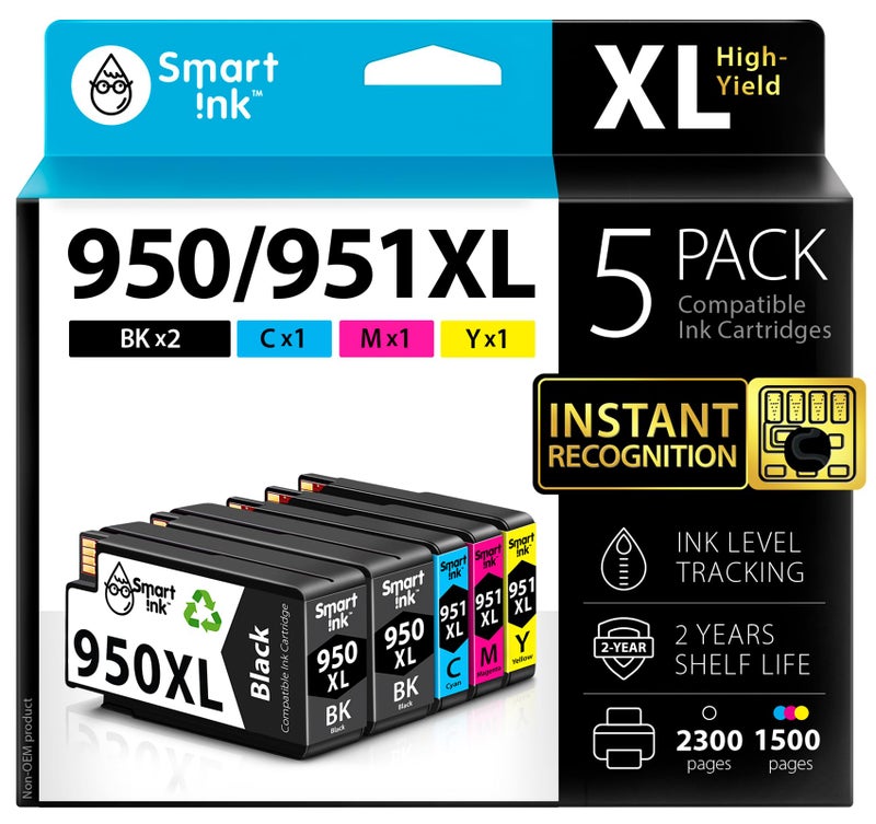 Smart Ink Compatible Ink Cartridges Replacement for HP 950XL 951XL 950 XL 951 XL 5 Pack Combo (2 Black & 1 Cyan 1 Magenta 1 Yellow) for HP Printer Officejet Pro 8600 plus 8610 8620 8100 8625 8630 8615 - Image 1