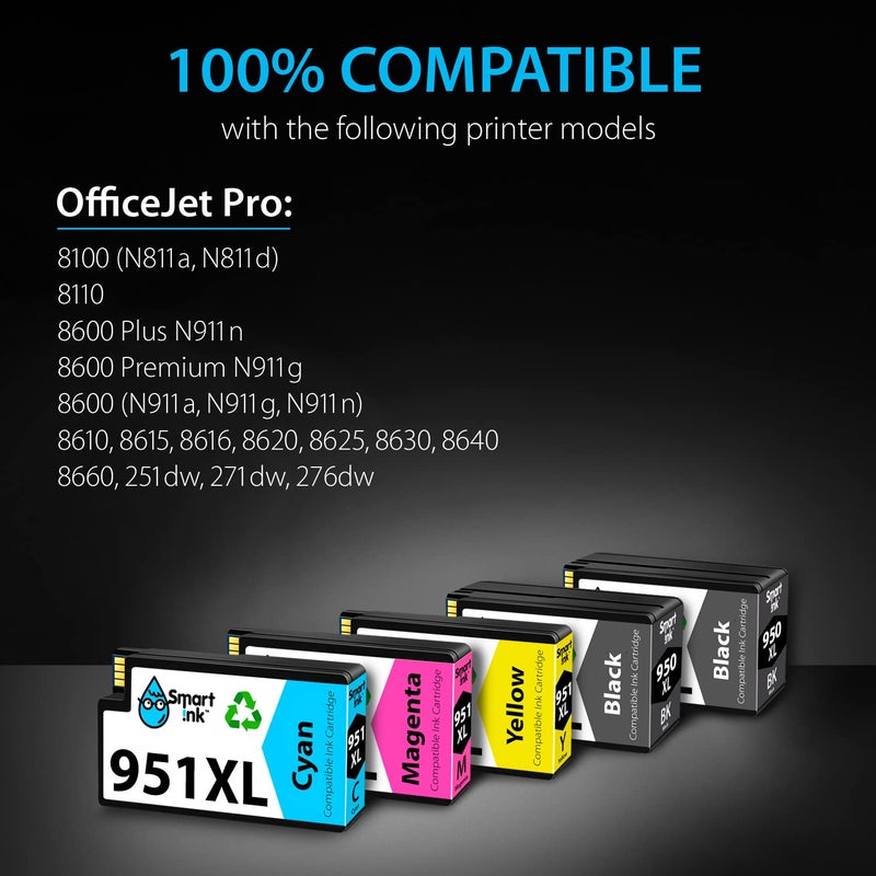 Smart Ink Compatible Ink Cartridges Replacement for HP 950XL 951XL 950 XL 951 XL 5 Pack Combo (2 Black & 1 Cyan 1 Magenta 1 Yellow) for HP Printer Officejet Pro 8600 plus 8610 8620 8100 8625 8630 8615 - Image 2