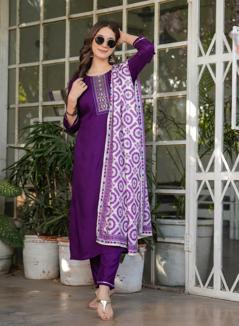 Women's Viscose Rayon Purple Embroidery Straight Kurta with Pant and Dupatta Set.  - Image 1