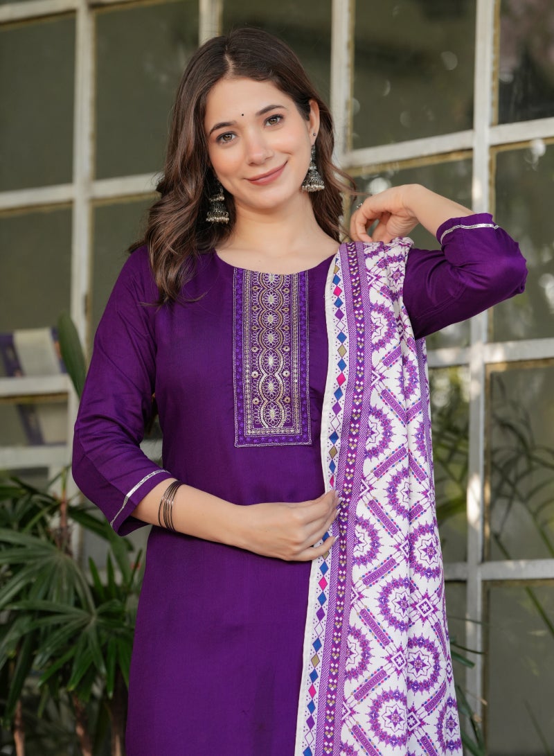 Women's Viscose Rayon Purple Embroidery Straight Kurta with Pant and Dupatta Set.  - Image 2