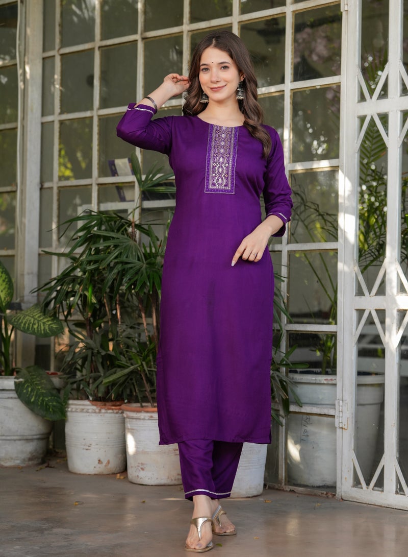 Women's Viscose Rayon Purple Embroidery Straight Kurta with Pant and Dupatta Set.  - Image 5