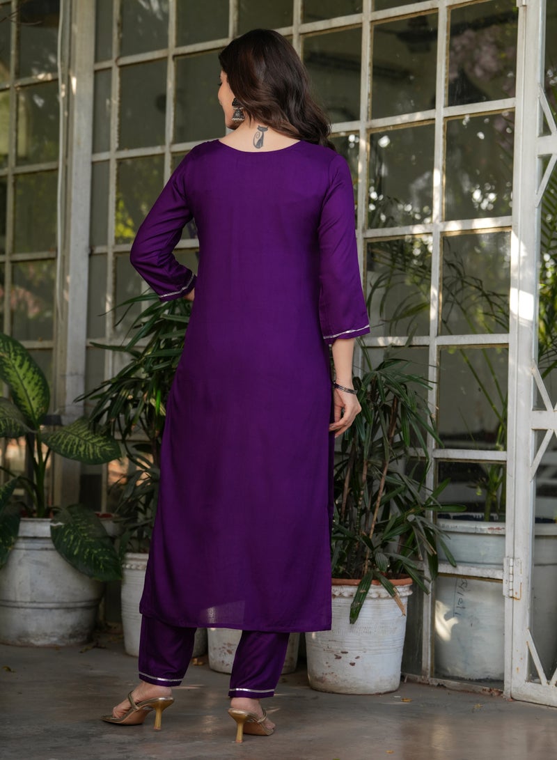 Women's Viscose Rayon Purple Embroidery Straight Kurta with Pant and Dupatta Set.  - Image 4