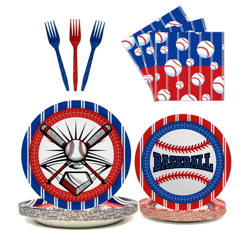 96 Pcs Baseball Plates Baseball Birthday Party Supplies Including Baseball Plates and Napkins Forks Baseball Party Decorations