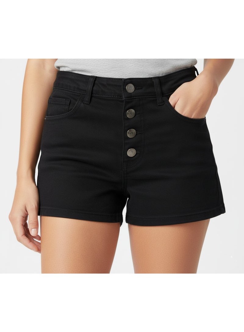 LOUD UNIVERSE شورتات جينز سوداء بجيب، شورتات صيفية عصرية عالية الخصر - Image 1