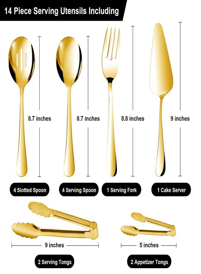 Gisly 14PCS Serving Utensils - Hostess Serving Utensils Set, Premium Stainless Steel 8.7 inch Serving Utensils, Slotted Spoons, Fork, Tongs, Cake Pie Server for Buffet, Wedding, Dinner (Gold) - Image 2