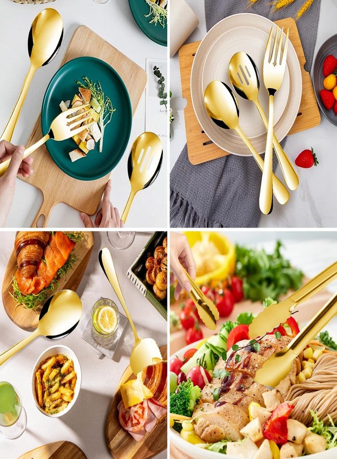 Gisly 14PCS Serving Utensils - Hostess Serving Utensils Set, Premium Stainless Steel 8.7 inch Serving Utensils, Slotted Spoons, Fork, Tongs, Cake Pie Server for Buffet, Wedding, Dinner (Gold) - Image 3