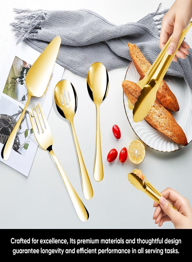 Gisly 14PCS Serving Utensils - Hostess Serving Utensils Set, Premium Stainless Steel 8.7 inch Serving Utensils, Slotted Spoons, Fork, Tongs, Cake Pie Server for Buffet, Wedding, Dinner (Gold) - Image 5