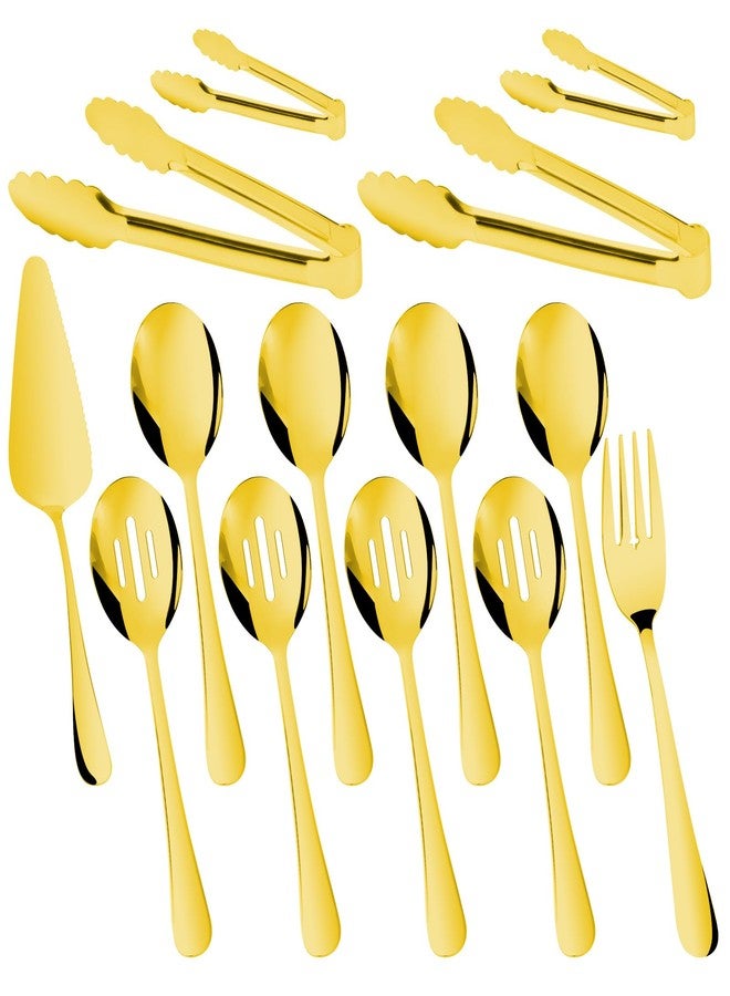 Gisly 14PCS Serving Utensils - Hostess Serving Utensils Set, Premium Stainless Steel 8.7 inch Serving Utensils, Slotted Spoons, Fork, Tongs, Cake Pie Server for Buffet, Wedding, Dinner (Gold) - Image 1