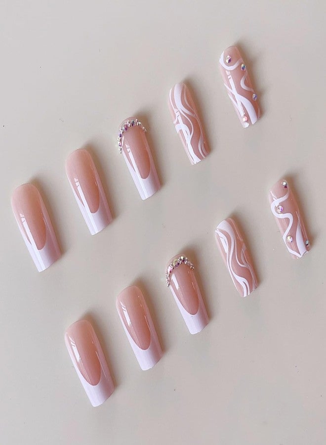 YKZFUI Medium Long Press on Nails White French Tip Fake Nails Square Medium Length Rhinestone Pink Designs Glitter V-shaped French False Nail Tips Artificial Nails Finger Manicure for Women and Girls-24pcs - Image 2