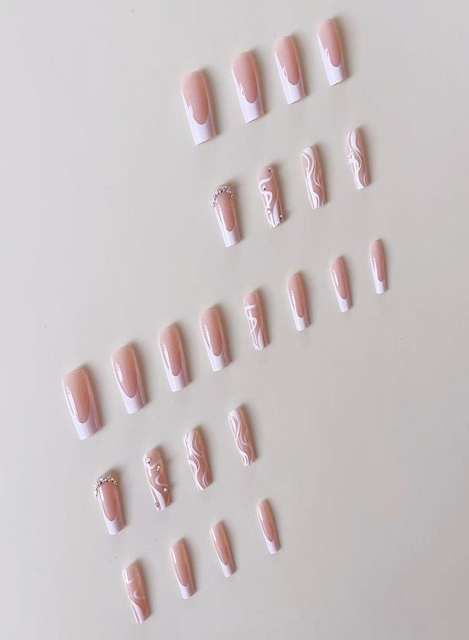 YKZFUI Medium Long Press on Nails White French Tip Fake Nails Square Medium Length Rhinestone Pink Designs Glitter V-shaped French False Nail Tips Artificial Nails Finger Manicure for Women and Girls-24pcs - Image 4