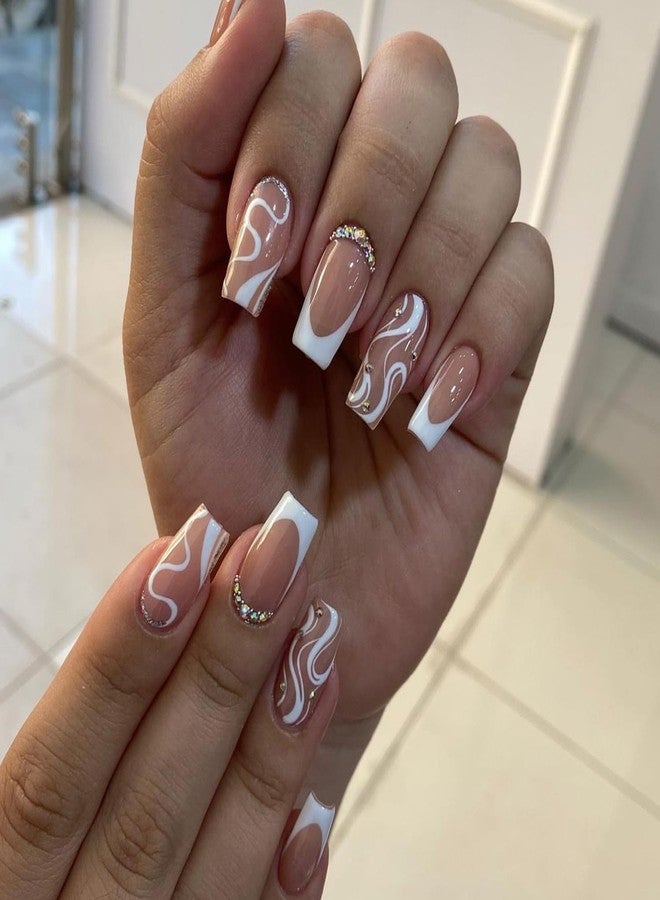 YKZFUI Medium Long Press on Nails White French Tip Fake Nails Square Medium Length Rhinestone Pink Designs Glitter V-shaped French False Nail Tips Artificial Nails Finger Manicure for Women and Girls-24pcs - Image 1