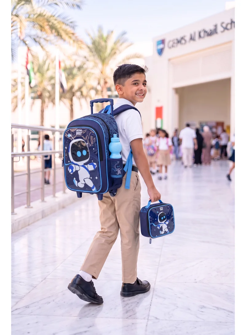 سوني Sony Astro Bot 5-in-1 Kids Trolley School Set 18" | Rolling Backpack, Lunch Bag, Lunch Box, Water Bottle & Pencil Case | Water Resistant | Boys School Bag