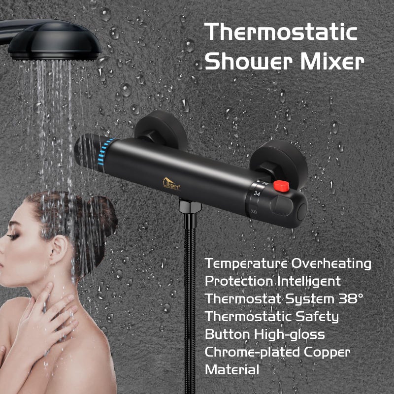 Uten خلاط دش حراري يوتين، صنبور دش مثبت على الحائط مضاد للحروق، خلاط مياه ساخنة وباردة ذكي بدرجة حرارة ثابتة باللون الأسود - Image 2
