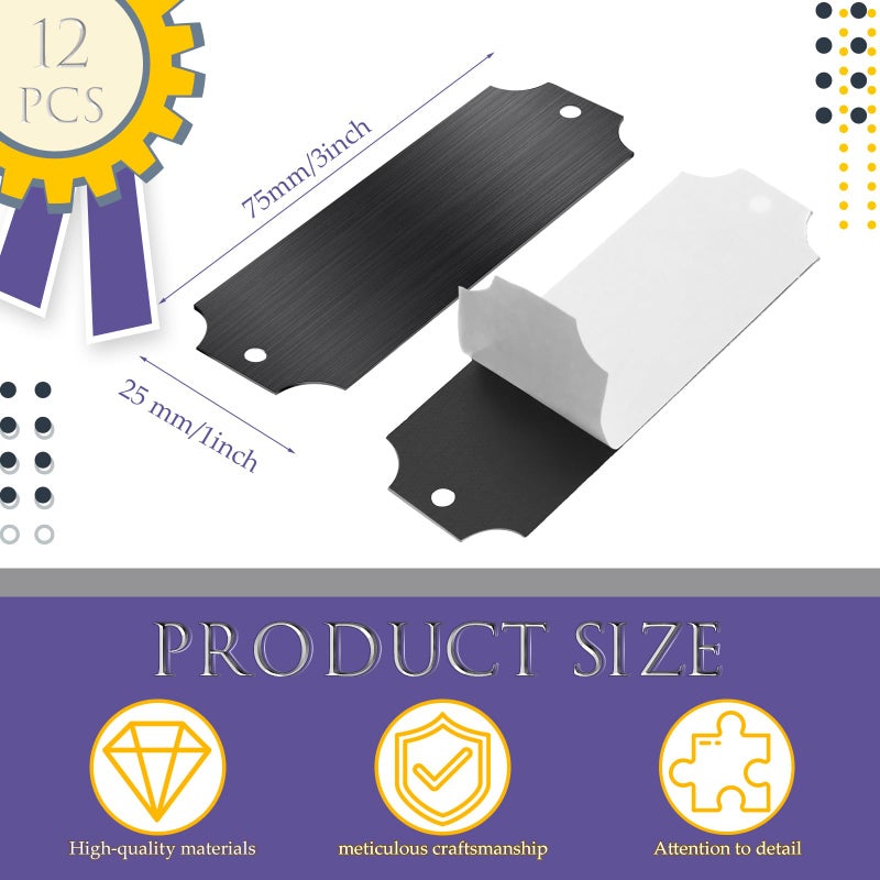 Yaocom 12 Pcs Engraved Name Plates Laser Brushed Solid Metal Plate Personalized Plaque Blank Custom Name Tag Frame Label with Adhesive Backing and Screws for DIY(Black Notched Corner,1'' X 3'') - Image 2