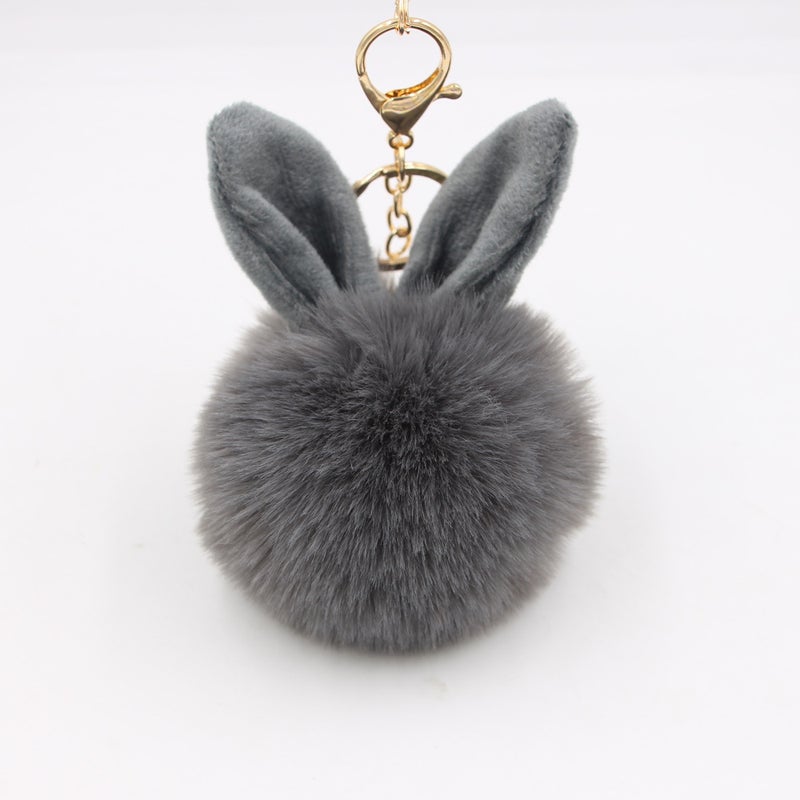 Generic Cute Rabbit Ear Pompom Keychain Beige - Image 3
