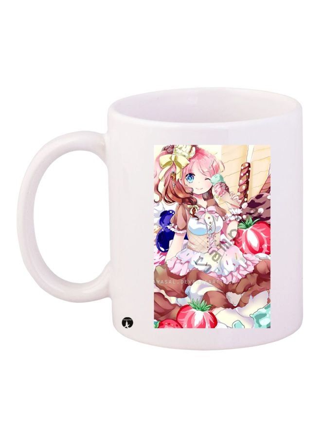RKN Anime Girl Printed Coffee Mug White/Pink/Beige 11ounce - Image 1
