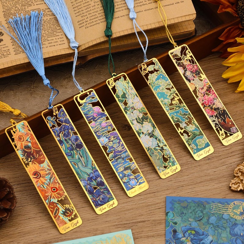 emmoolife 6 Pieces Metal Bookmarks with Tassel, Golden Hollow Bookmark Van Gogh Oil Painting Theme Book Mark Bookmarks for Book Lovers Writers Readers Children Teens Men Women Adults - Image 1