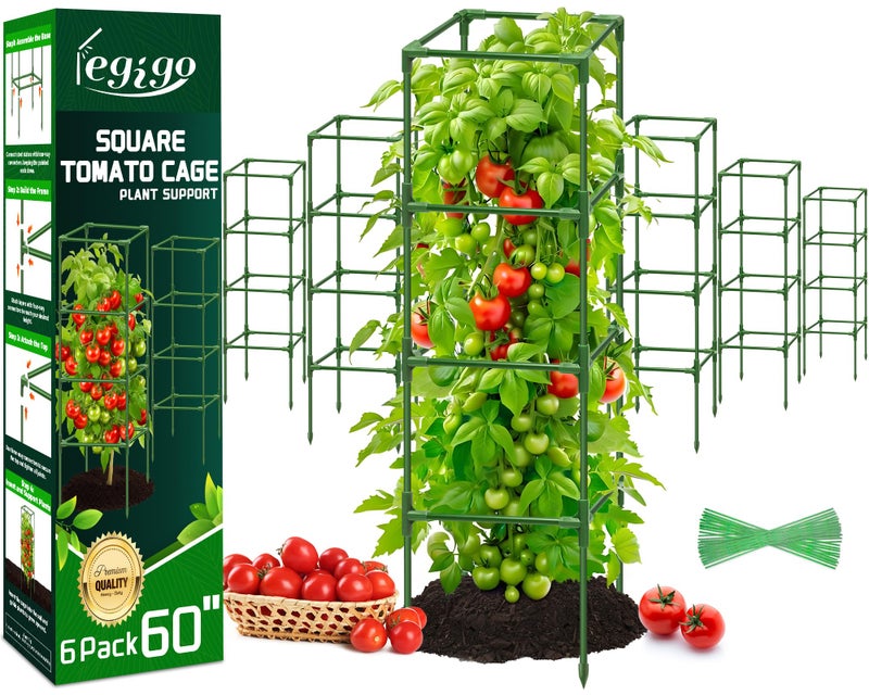 Legigo 6 Pack Square Tomato Cages for Garden- Up to 60 Inch Tomato Plant Support Stakes Cage, Heavy Duty Steel Tomato Trellis Garden Stakes for Raised Garden Bed Climbing Vegetables Cucumbers Flowers - Image 1
