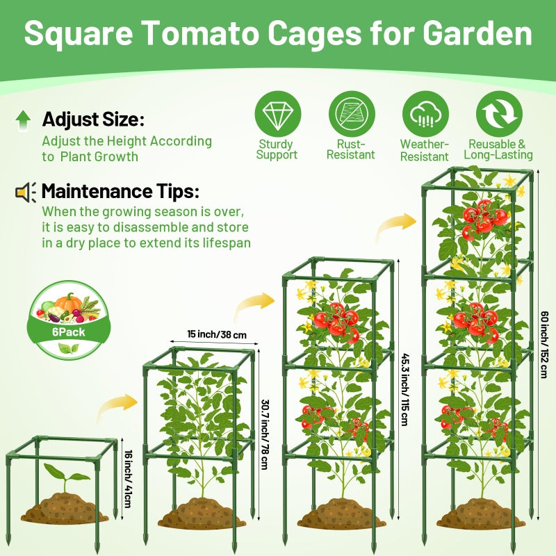 Legigo 6 Pack Square Tomato Cages for Garden- Up to 60 Inch Tomato Plant Support Stakes Cage, Heavy Duty Steel Tomato Trellis Garden Stakes for Raised Garden Bed Climbing Vegetables Cucumbers Flowers - Image 2