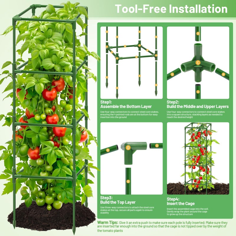 Legigo 6 Pack Square Tomato Cages for Garden- Up to 60 Inch Tomato Plant Support Stakes Cage, Heavy Duty Steel Tomato Trellis Garden Stakes for Raised Garden Bed Climbing Vegetables Cucumbers Flowers - Image 5