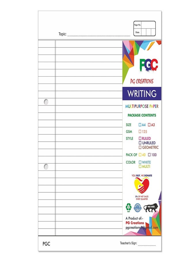 PG Creations ورق كتابة سميك 125 غرام/متر مربع، مقاس A4 من PG Creations، 100 ورقة، مثقوبة مسبقًا بفتحتين، مناسب للمجلدات والواجبات المدرسية والأعمال العملية، مسطر من جانب واحد، 8.25 × 11.75 بوصة، أبيض - Image 1