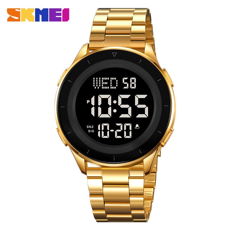 Skmei Gold Case Black Dial Round Digital Watch with Multiple Functions, Waterproof and Stylish - Image 1