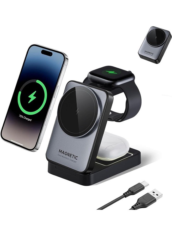 كيلا شاحن لاسلكي قابل للطي 3 في 1 لأجهزة iPhone، حامل شاحن MagSafe بقوة 15 واط لجهاز iPhone، شاحن لاسلكي للسفر قابل للطي متوافق مع iPhone 16-12، Apple Watch، وAirPods Pro (أسود).  - Image 1