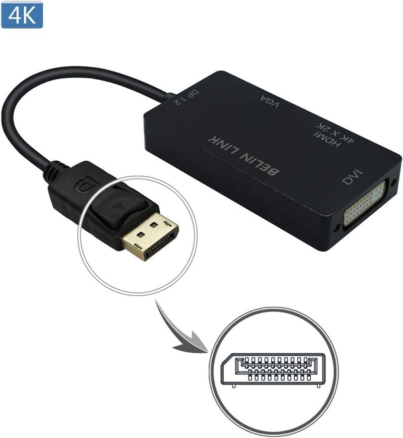 BELIN LINK محول DP إلى HDMI VGA DVI محول Displayport إلى HDMI 4K 3 في 1 محول Display Port إلى HDMI VGA DVI ذكر إلى أنثى مطلي بالذهب (أسود مستطيل) - Image 3