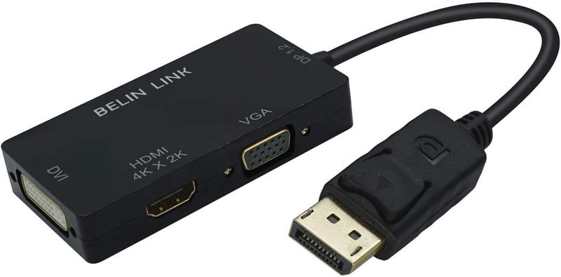 BELIN LINK محول DP إلى HDMI VGA DVI محول Displayport إلى HDMI 4K 3 في 1 محول Display Port إلى HDMI VGA DVI ذكر إلى أنثى مطلي بالذهب (أسود مستطيل) - Image 1