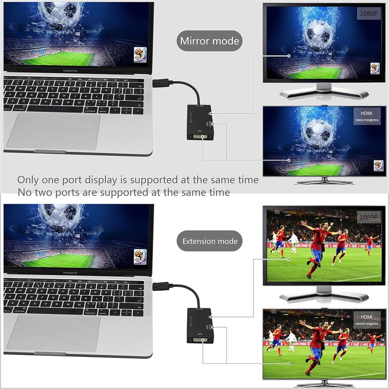 BELIN LINK محول DP إلى HDMI VGA DVI محول Displayport إلى HDMI 4K 3 في 1 محول Display Port إلى HDMI VGA DVI ذكر إلى أنثى مطلي بالذهب (أسود مستطيل) - Image 4