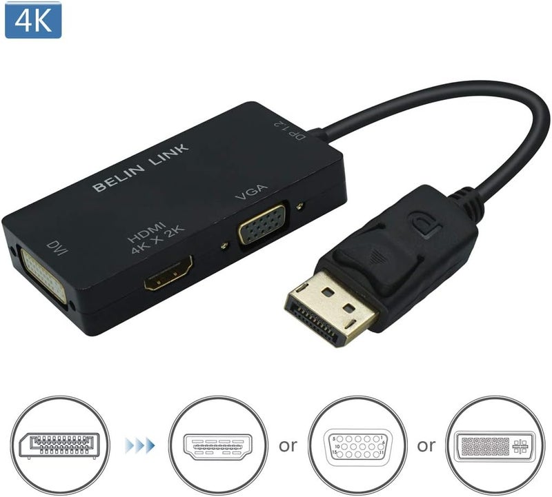 BELIN LINK محول DP إلى HDMI VGA DVI محول Displayport إلى HDMI 4K 3 في 1 محول Display Port إلى HDMI VGA DVI ذكر إلى أنثى مطلي بالذهب (أسود مستطيل) - Image 2