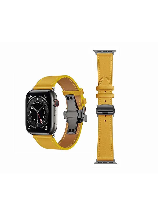 Perfii Genuine Leather Replacement Band with Black Buckle for Apple Watch Series 6/SE/5/4/3/2/1 44/42mm Yellow