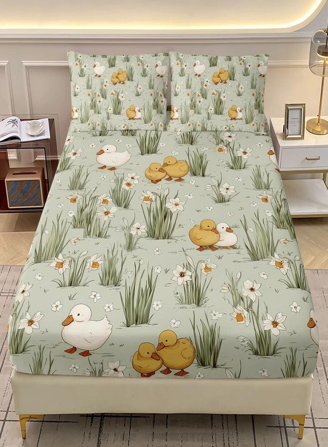 AILONEN Kawaii Duck Fitted Sheet Set Full Size, Grass Green Bedding Set for Kids Girls Boys Teens,Yellow and White Ducks Soft Fitted Sheet with 2 Pillowcases,3 Pieces - Image 1