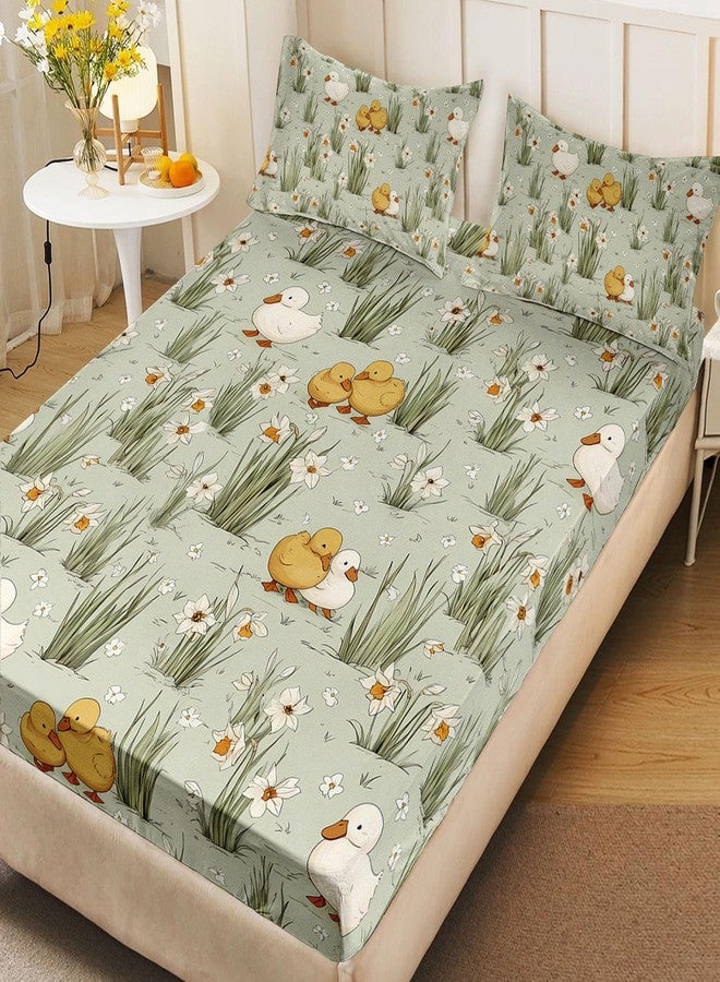 AILONEN Kawaii Duck Fitted Sheet Set Full Size, Grass Green Bedding Set for Kids Girls Boys Teens,Yellow and White Ducks Soft Fitted Sheet with 2 Pillowcases,3 Pieces - Image 2