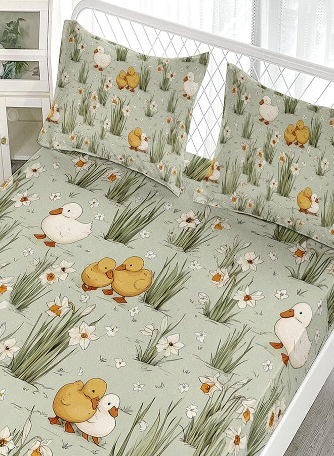 AILONEN Kawaii Duck Fitted Sheet Set Full Size, Grass Green Bedding Set for Kids Girls Boys Teens,Yellow and White Ducks Soft Fitted Sheet with 2 Pillowcases,3 Pieces - Image 4