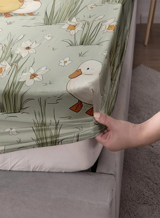 AILONEN Kawaii Duck Fitted Sheet Set Full Size, Grass Green Bedding Set for Kids Girls Boys Teens,Yellow and White Ducks Soft Fitted Sheet with 2 Pillowcases,3 Pieces - Image 3
