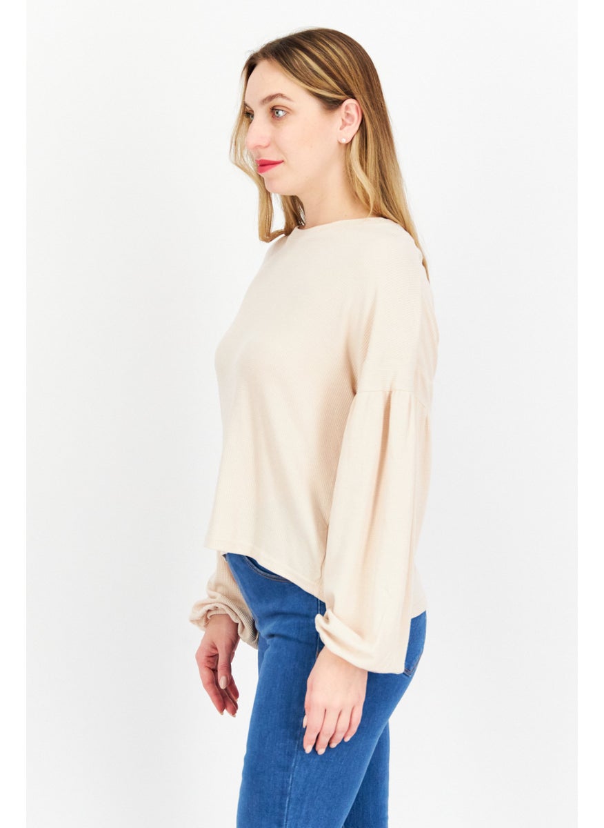 Weatherproof Women Crew Neck Long Sleeve Textured Top, Beige  - Image 4