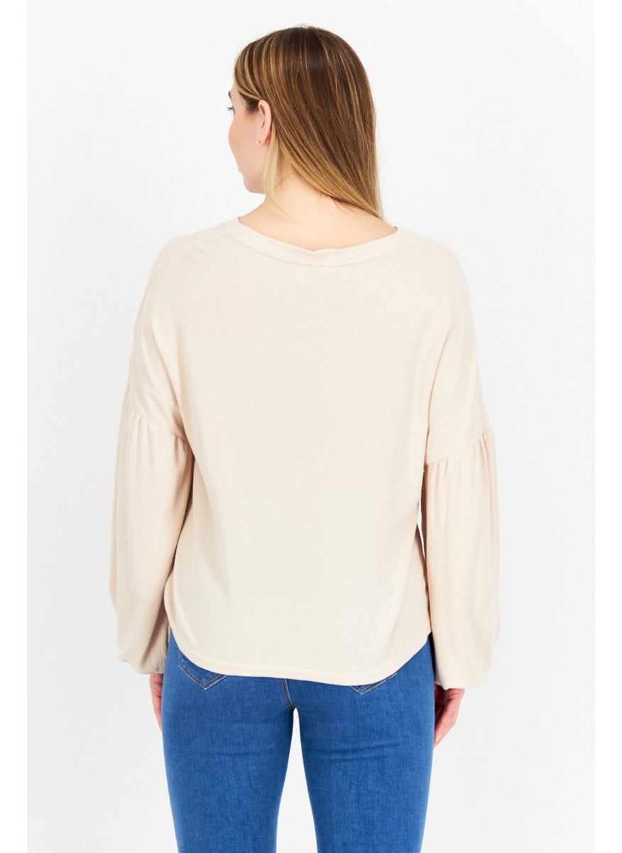 Weatherproof Women Crew Neck Long Sleeve Textured Top, Beige  - Image 3
