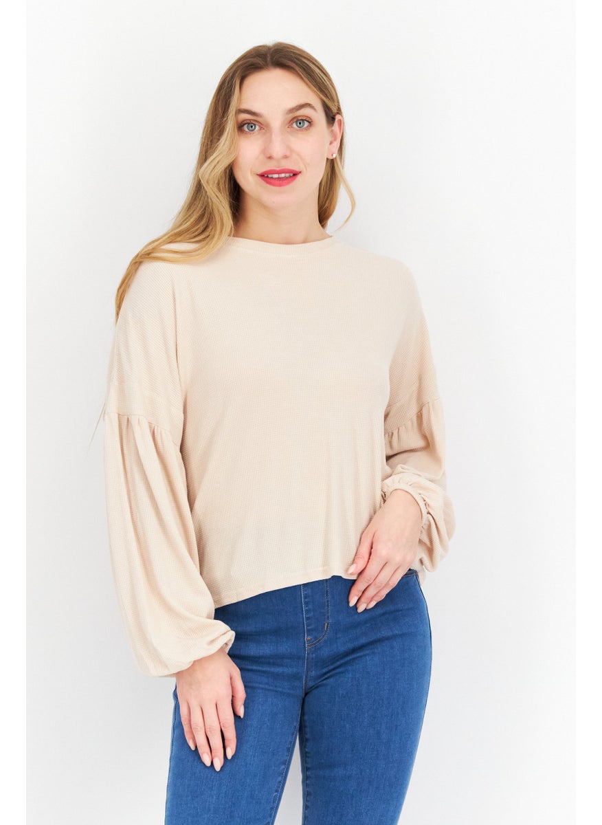 Weatherproof Women Crew Neck Long Sleeve Textured Top, Beige  - Image 1
