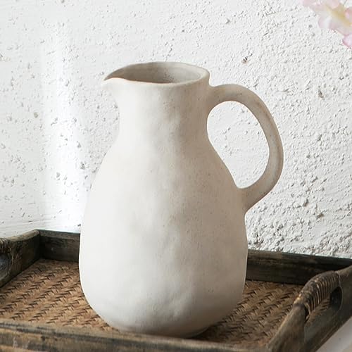 Kimdio Ceramic Vase with Handle, Modern Farmhouse Pitcher Vases for Home Decor, Rustic Pottery Vase, Decorative Clay Flower Vase, Centerpieces for Living Room - Image 1