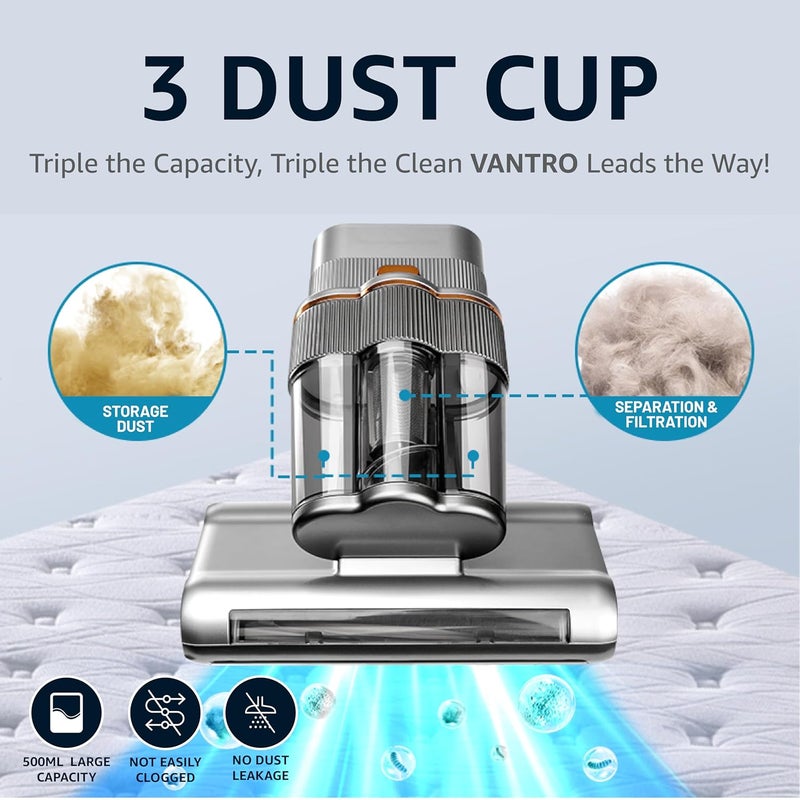 VANTRO Dust Mite Remover Mattress Vacuum Cleaner 700W UVC Light 16KPa Suction 60C Hot Air Ultrasonic Handheld Corded Bed Vacuum for Dust Allergen Removal - Image 5