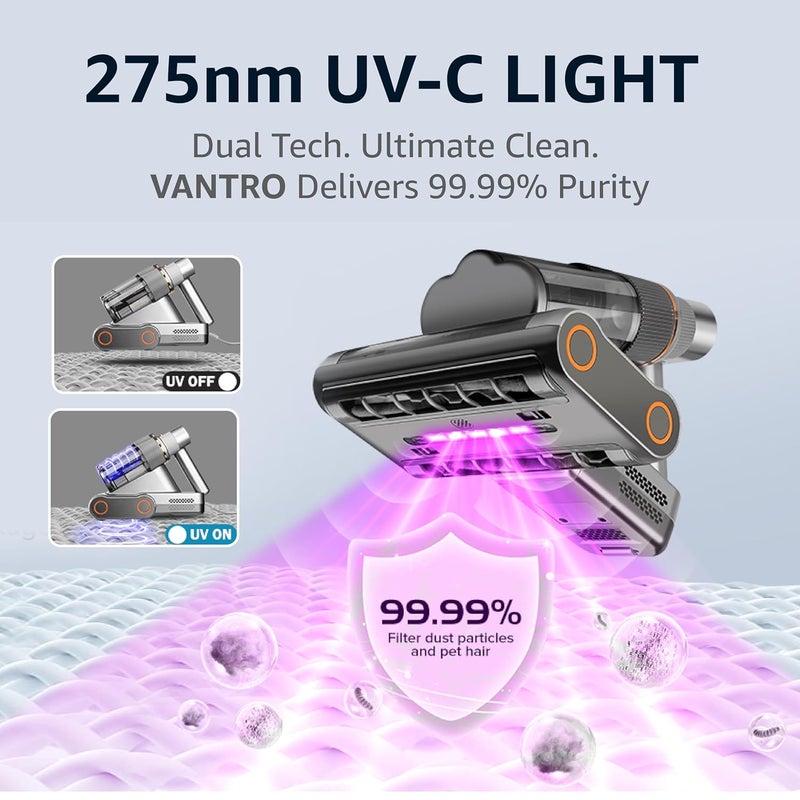 VANTRO Dust Mite Remover Mattress Vacuum Cleaner 700W UVC Light 16KPa Suction 60C Hot Air Ultrasonic Handheld Corded Bed Vacuum for Dust Allergen Removal - Image 4