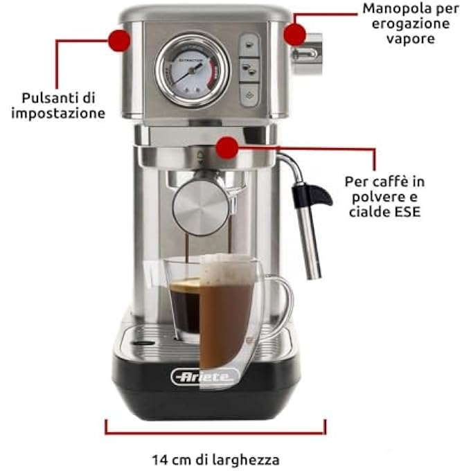 Ariete Pump Espresso Coffee Machine 1300W 15 Bar Auto ShutOff Anti Drip System Maxi Cappuccino Maker Ground Coffee And Ese Pods Compatible For Home And Office  Silver Art1381 - Image 2