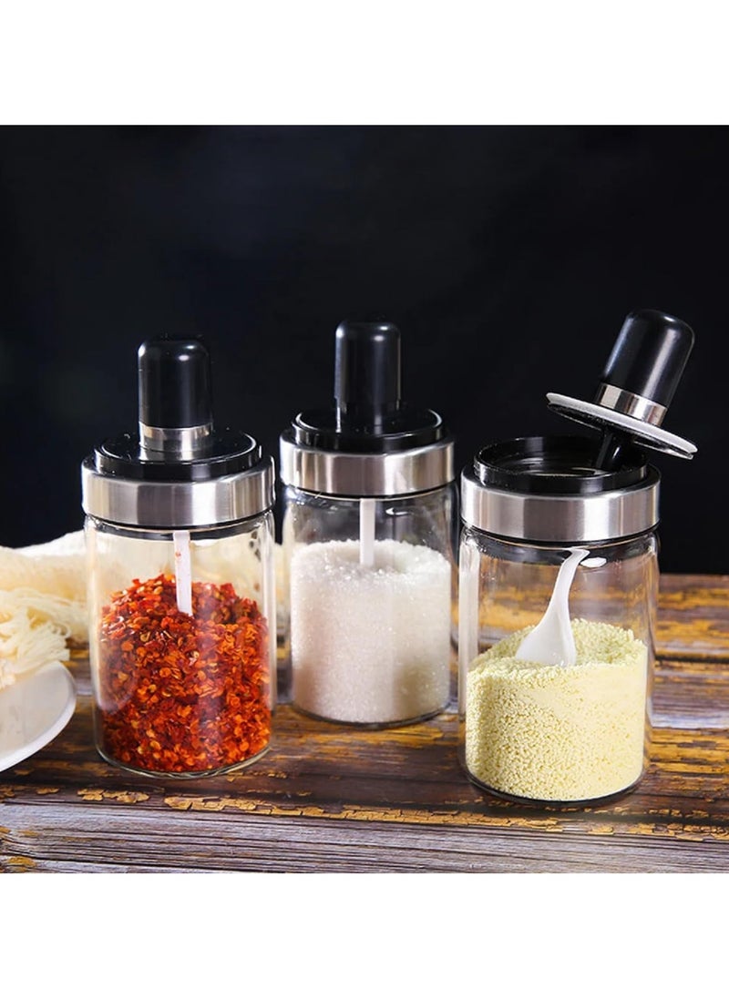 LIMITLESS 3Pcs Glass Spice Jars with Spoon Covers, Airtight Lids Seasoning Kitchen Soy Sauce Concise Seasoning Pot Storage Jar Glass Household Spice Jar, Transparent with Black Cap  - Image 1